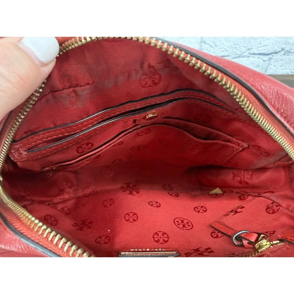 Tory Burch Thea Camera Bag Burgundy Red Pebbled‎ Leather Crossbody Tassel Purse